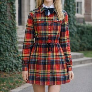 Ralph Lauren Vibrant Plaid Girls Flannel Casual Dress Sz 16